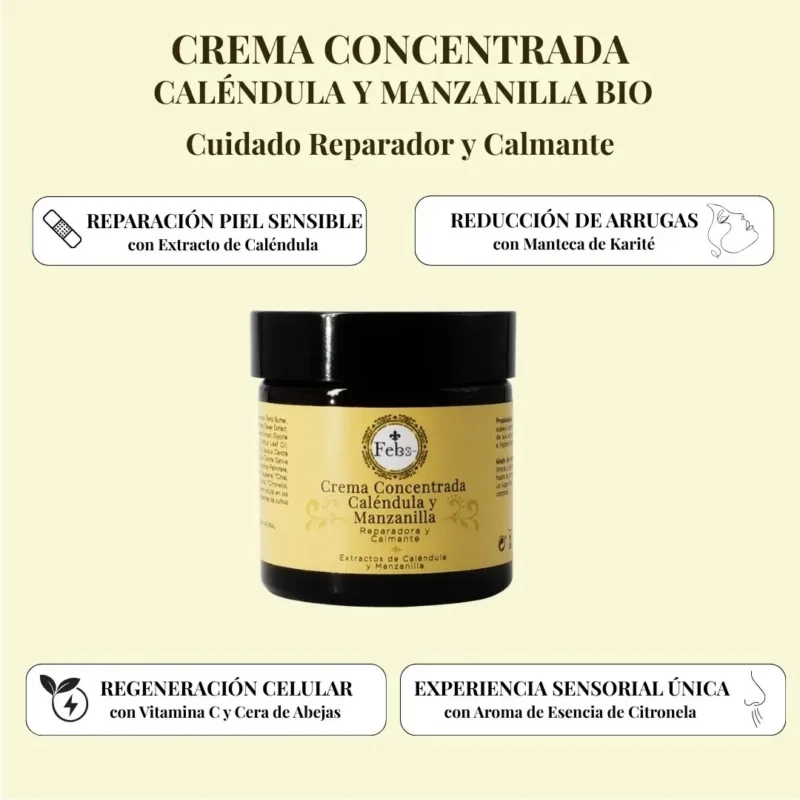 Infografía de la Crema Concentrada de Caléndula y Manzanilla Bio de Febs, detallando sus 4 beneficios principales: reparación para piel sensible, reducción de arrugas, regeneración celular y experiencia sensorial única.