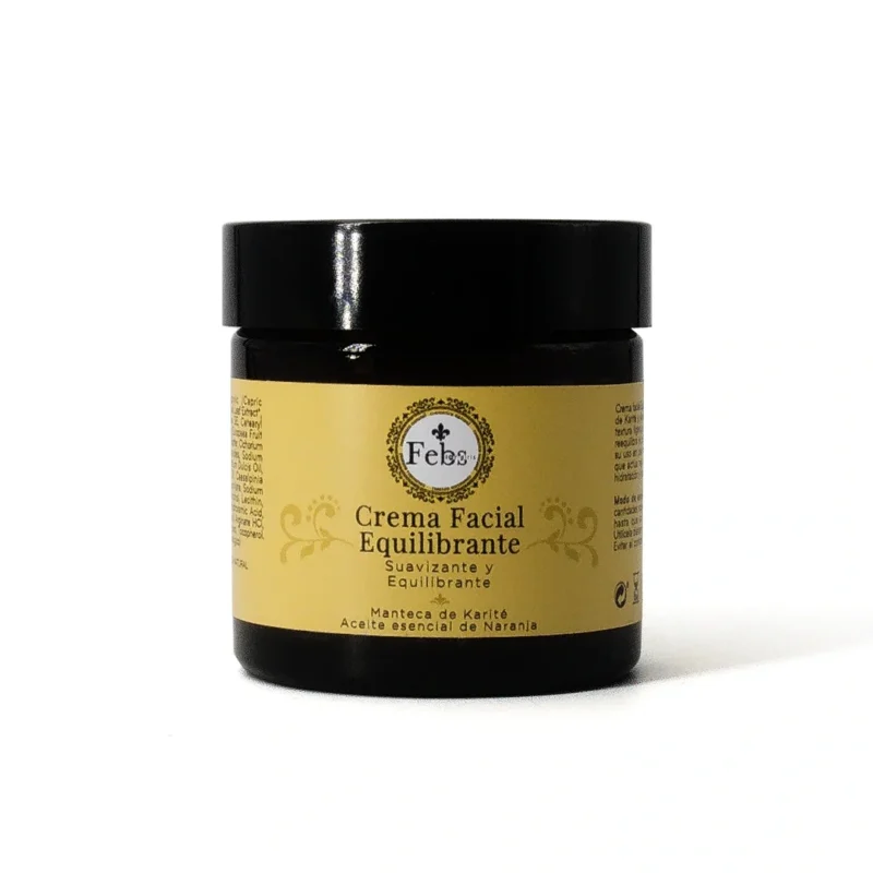 Foto de estudio de la Crema Facial Equilibrante de Feb's con Manteca de Karité y Aceite Esencial de Naranja. El producto se muestra en su tarro con una suave sombra, ideal para e-commerce de cosmética natural.