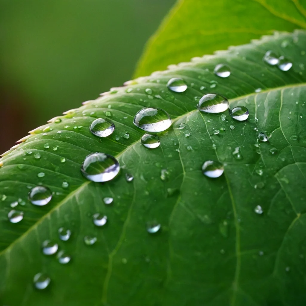 Primer plano de una hoja verde con gotas de agua, representando la hidratación natural de una crema facial.