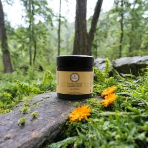 Tarro de la Crema Facial Equilibrante de Feb's Four Girls reposando sobre un tronco cubierto de musgo en un bosque frondoso. En primer plano, varias flores de caléndula naranjas y hojas verdes rodean el producto, destacando su conexión con ingredientes naturales.