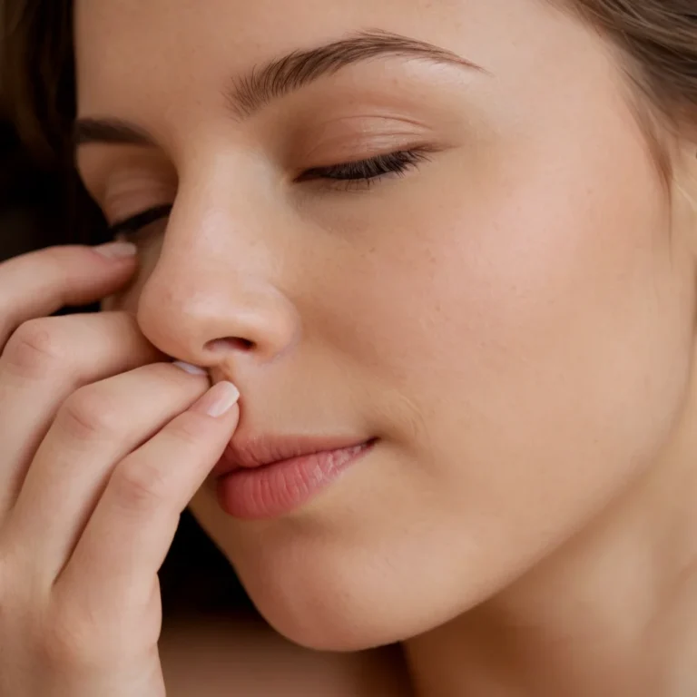 Mujer con los ojos cerrados disfrutando de un momento de calma durante su ritual facial de noche.