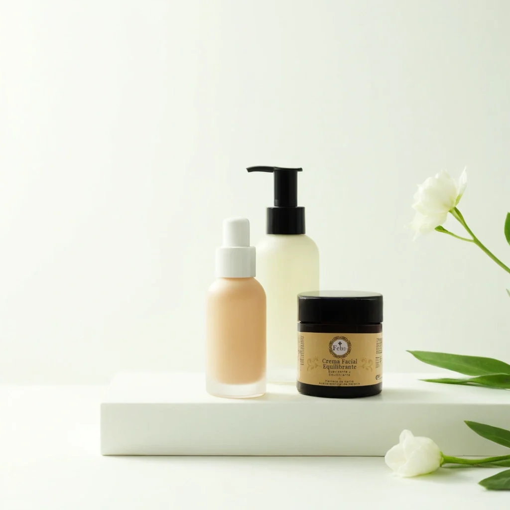 Colección de recipentes cosméticos entre los que se encuentra nuestra Crema Facial Equlibrante, simbolizando la elección consciente y responsable.