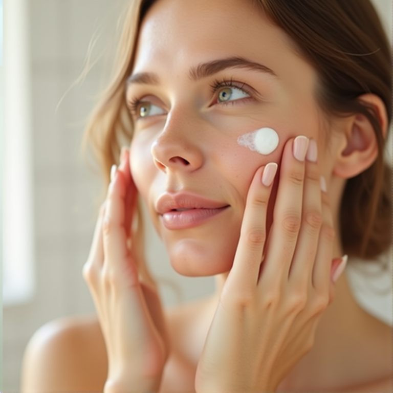 Mujer con expresión serena y piel radiante aplicando una pequeña cantidad de crema hidratante en su mejilla, como paso final de su ritual de cuidado facial.