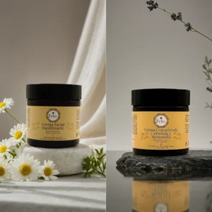 Imagen compuesta que muestra las diferencias entre la crema de día y de noche. A la izquierda, la Crema Facial Equilibrante Febs sobre una piedra clara con manzanillas, representando el día. A la derecha, la Crema Concentrada de Caléndula y Manzanilla Febs sobre una pizarra oscura con lavanda, representando la noche.