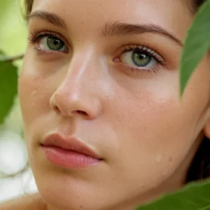 Primer plano de la piel sana de una mujer con una gotitas de rocío en su piel, representando un producto no comedogénico que hidrata sin obstruir los poros para evitar imperfecciones.