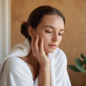 Mujer envuelta en una toalla blanca completando su ritual de limpieza facial al aplicar crema sobre su rostro húmedo y radiante.