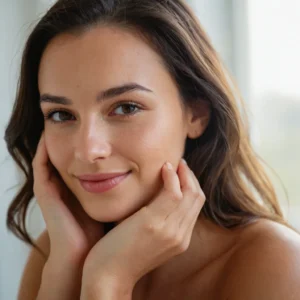 Primer plano del rostro de una mujer que realiza un suave gesto tensor ascendente en su mejilla, representando el efecto lifting inmediato del activo Tens'Up.