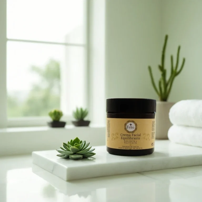 La Crema Facial Equilibrante de Febs-Fourgirls sobre una base de mármol en un ambiente de spa luminoso, evocando un ritual de belleza con cosmética natural.