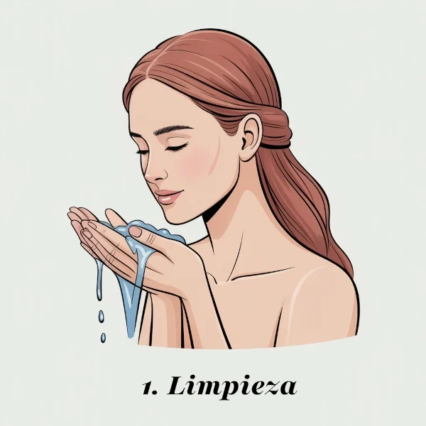 Ilustración del paso 1, Limpieza: una mujer preparando su rostro con agua, creando una base limpia y receptiva antes de aplicar la Crema Facial Equilibrante.