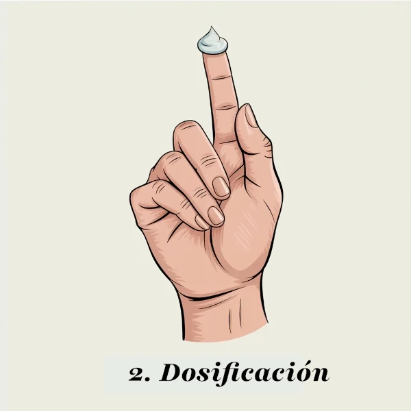 Ilustración del paso 2, dosificación: mostrando la cantidad recomendada de Crema Facial Equilibrante, del tamaño de un guisante, en la yema de un dedo para una aplicación eficaz.