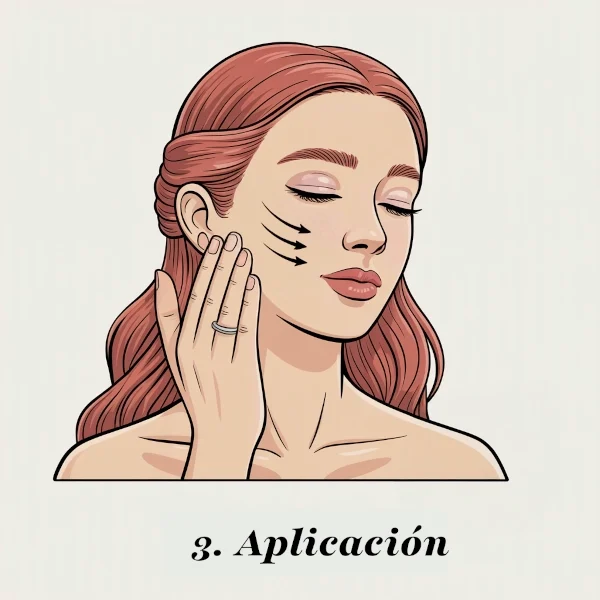 Ilustración del paso 3 de la rutina facial: una mujer aplica la Crema Facial Equilibrante, extendiendo el producto con un movimiento suave desde el centro de la mejilla hacia afuera para una distribución uniforme.