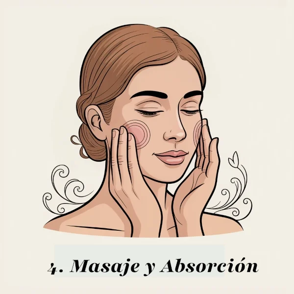 Ilustración del paso 4 para aplicar la Crema Facial Equilibrante: una mujer masajea suavemente sus mejillas para favorecer la completa absorción del producto.