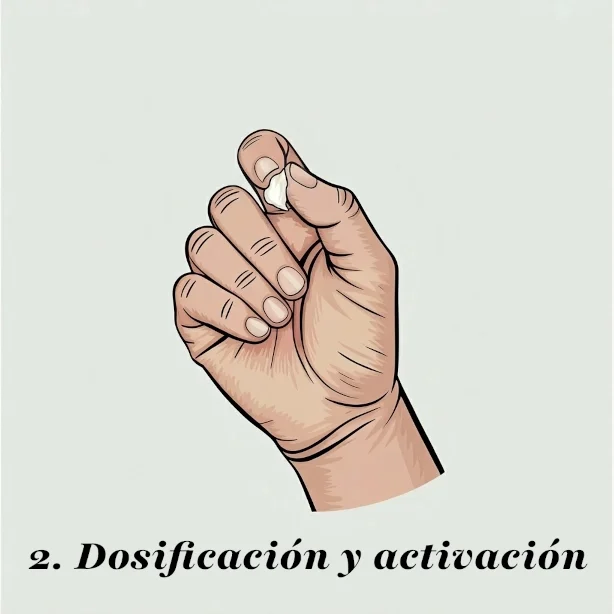 Ilustración de una mano dosificando la cantidad precisa de un guisante del bálsamo reparador concentrado, listo para su activación.