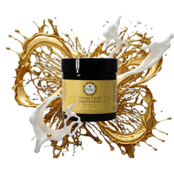 Crema Facial Equilibrante de FEBS rodeada de texturas de oro líquido y crema, representando la fusión de nutrición profunda y ligereza para la piel madura.